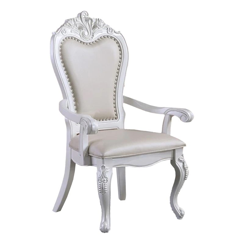 Benjara Zenie 9pc Dining Set- Classy White Wood Table- 8 Chairs- Faux Leather