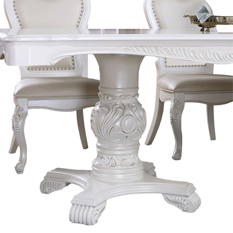 Benjara Zenie 9pc Dining Set- Classy White Wood Table- 8 Chairs- Faux Leather