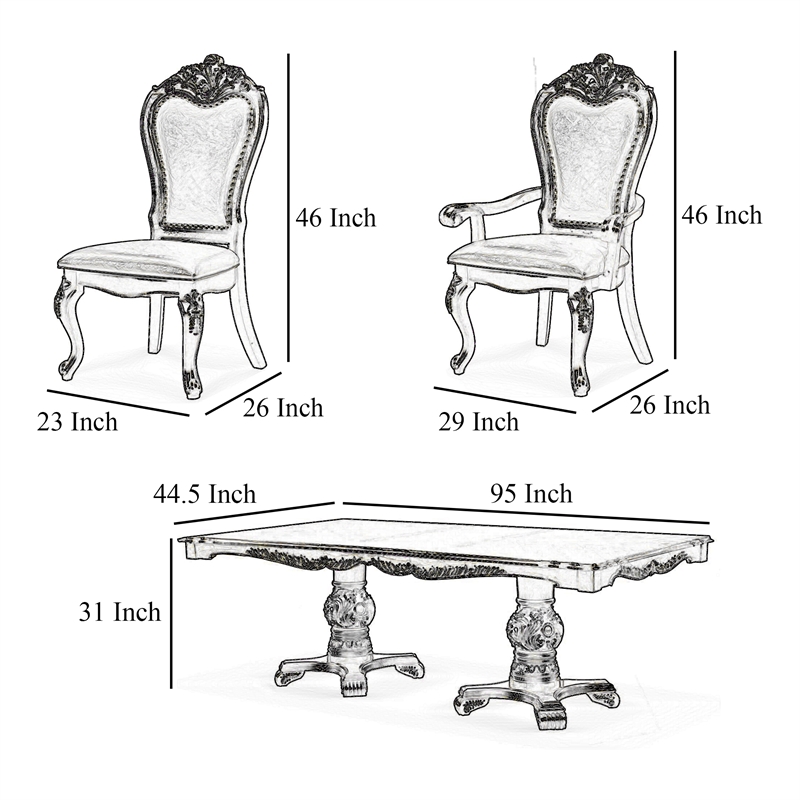 Benjara Zenie 9pc Dining Set- Classy White Wood Table- 8 Chairs- Faux Leather