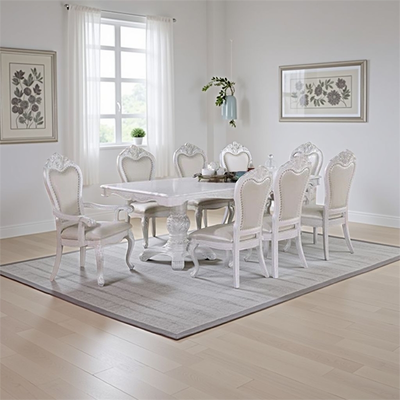 Benjara Zenie 9pc Dining Set- Classy White Wood Table- 8 Chairs- Faux Leather