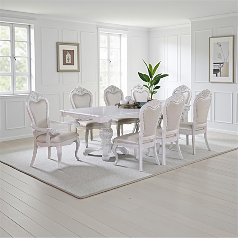 Benjara Zenie 9pc Dining Set- Classy White Wood Table- 8 Chairs- Faux Leather