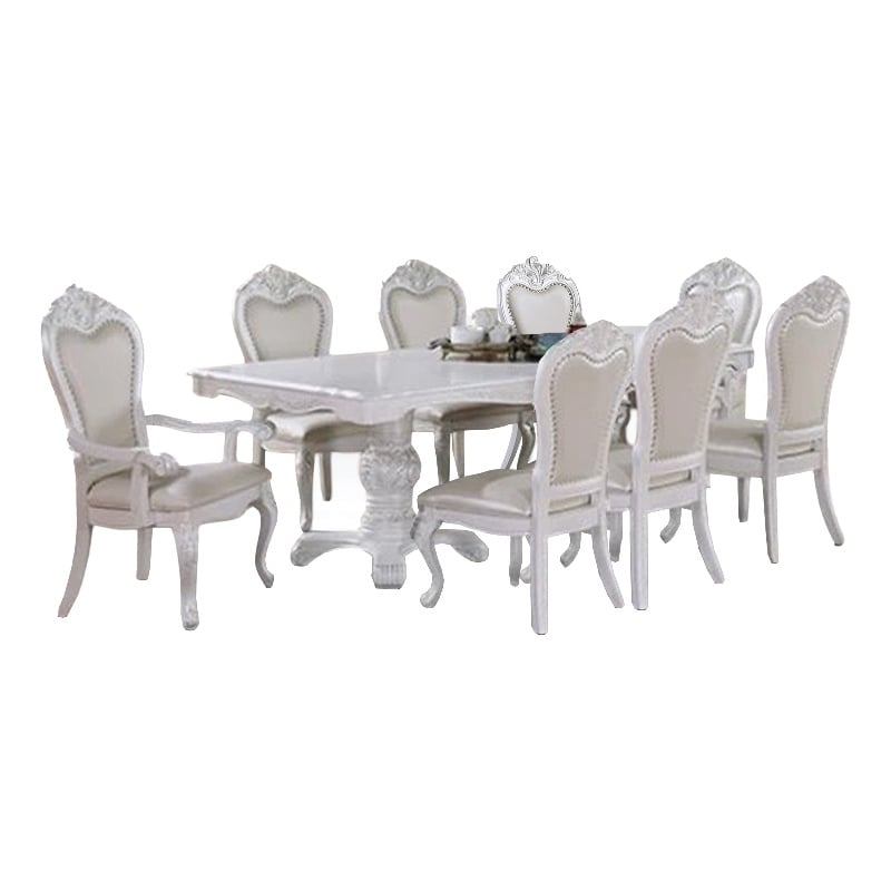 Benjara Zenie 9pc Dining Set- Classy White Wood Table- 8 Chairs- Faux Leather