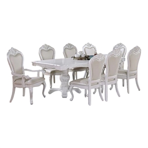 Benjara Zenie 9pc Dining Set- Classy White Wood Table- 8 Chairs- Faux Leather