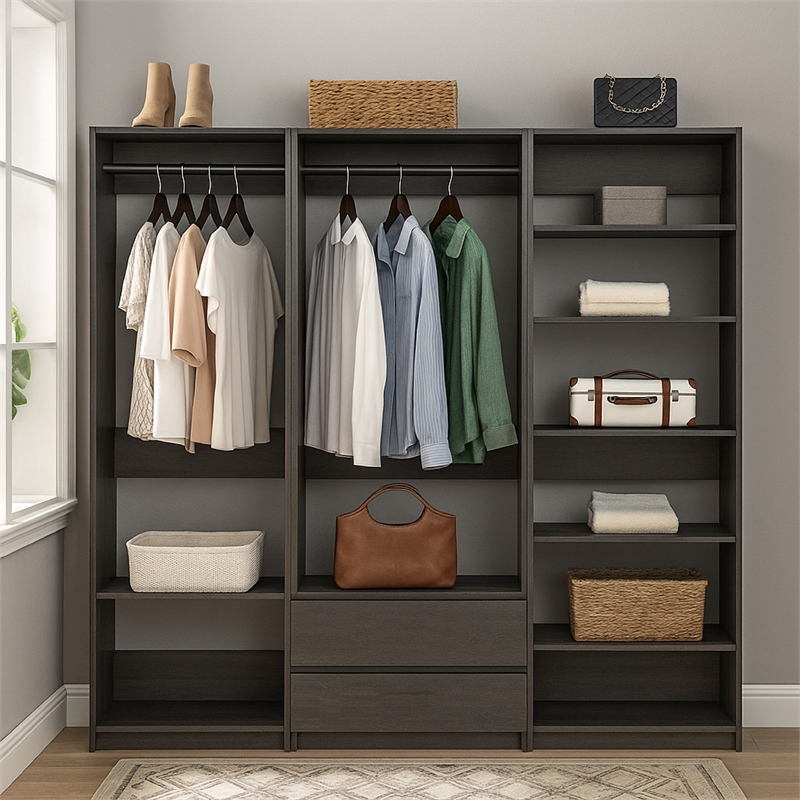 Benjara Dee Walk In Closet Modular Freestanding Storage 9 Shelf 2 Drawer Black