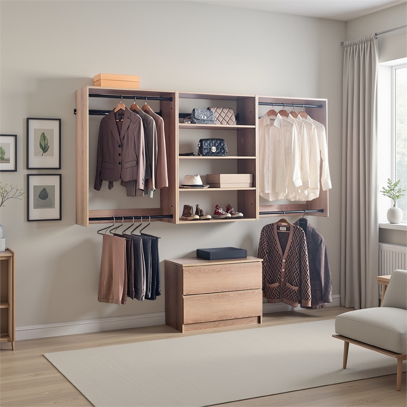 Benjara Vedz Walk in Closet w 2 Drawers- 4 Shelves n Hanging Rods- Brown Wood