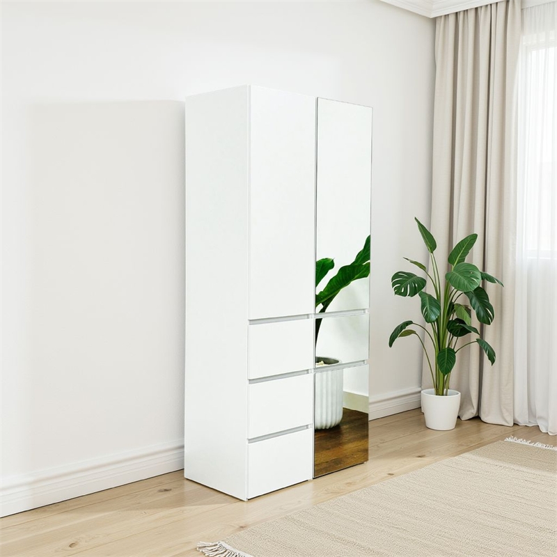 Benjara Ely Dual Closet Cabinet w Mirror- 4 Drawers- 71 Inch- White Melamine