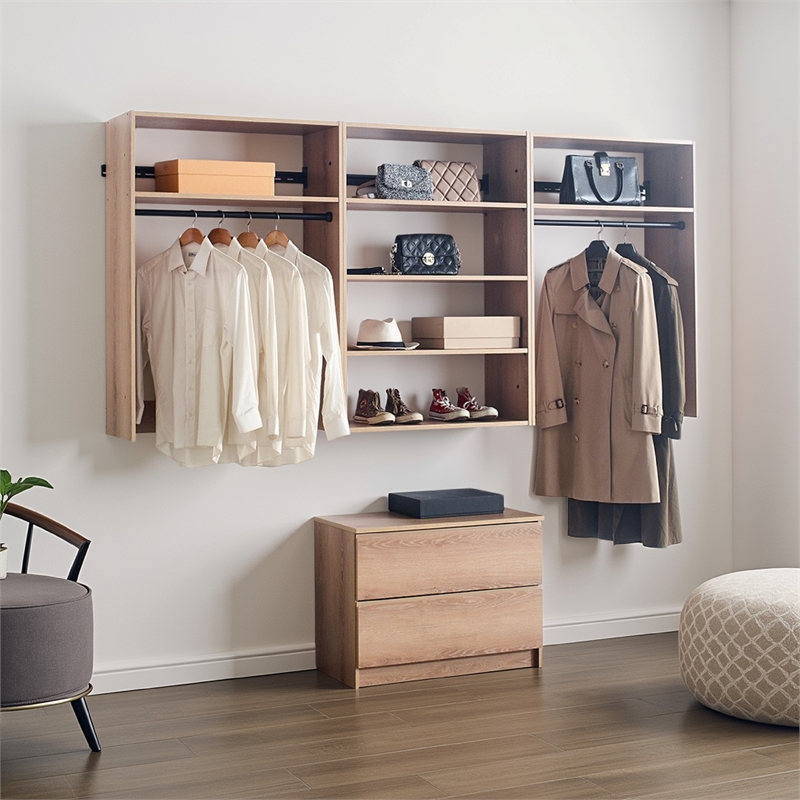 Benjara Vedz Walk in Closet w 2 Drawers- 6 Shelves- 2 Hanging Rods- Brown Wood