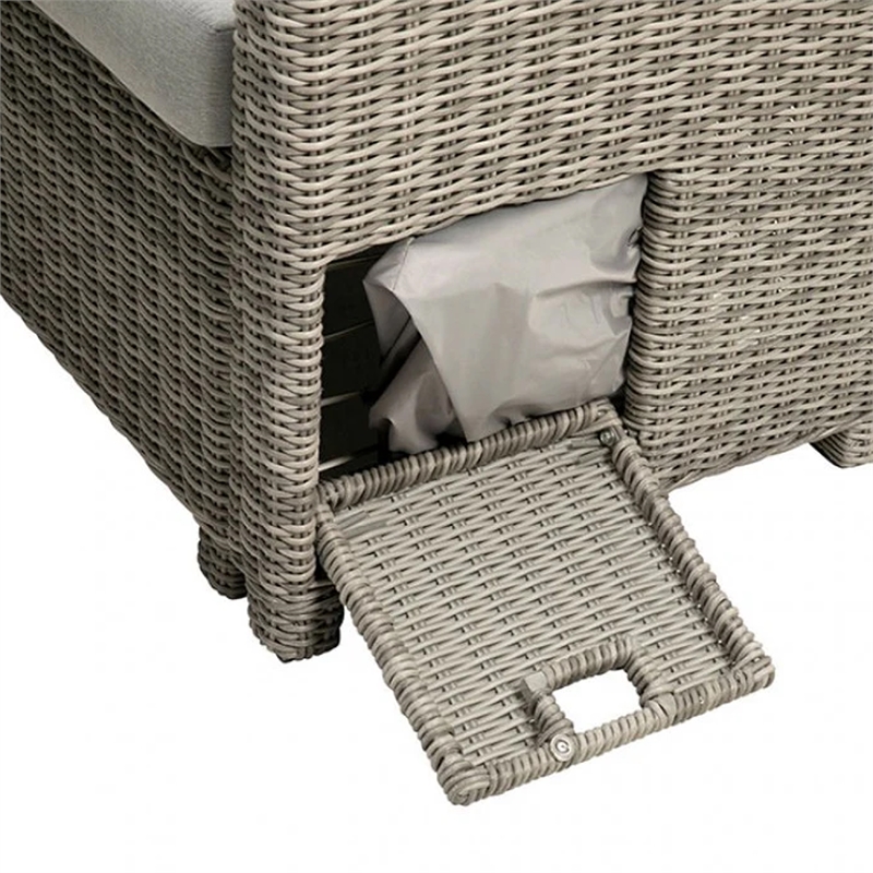 Benjara Mia Outdoor Wicker 5pc Sectional Sofa Set w Bench- 3 Throw Pillows- Gray