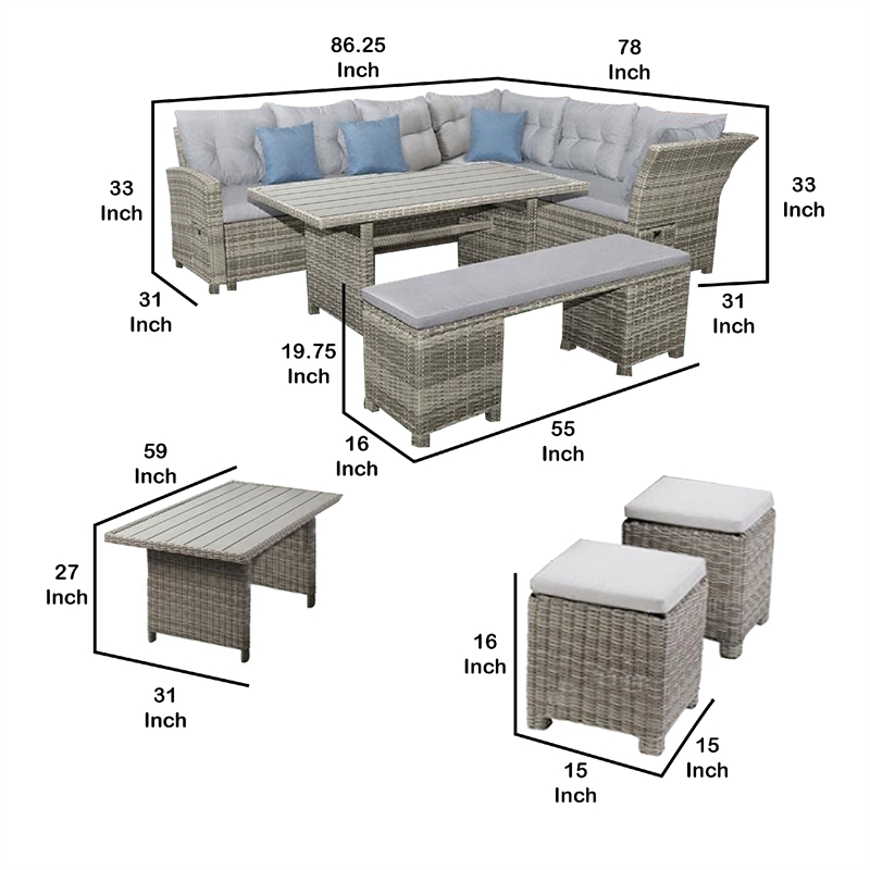 Benjara Mia Outdoor Wicker 5pc Sectional Sofa Set w Bench- 3 Throw Pillows- Gray