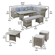 Benjara Mia Outdoor Wicker 5pc Sectional Sofa Set w Bench- 3 Throw Pillows- Gray