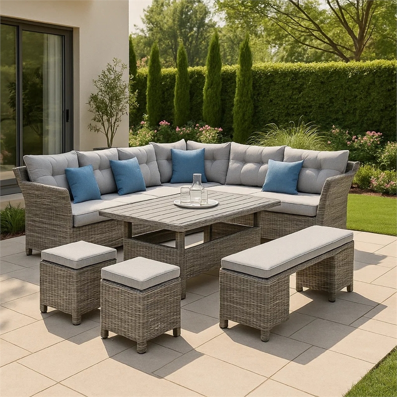 Benjara Mia Outdoor Wicker 5pc Sectional Sofa Set w Bench- 3 Throw Pillows- Gray