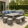 Benjara Mia Outdoor Wicker 5pc Sectional Sofa Set w Bench- 3 Throw Pillows- Gray