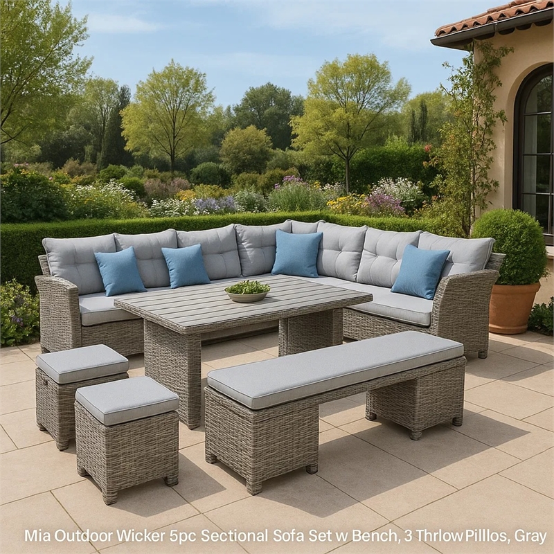 Benjara Mia Outdoor Wicker 5pc Sectional Sofa Set w Bench- 3 Throw Pillows- Gray
