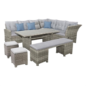 Benjara Mia Outdoor Wicker 5pc Sectional Sofa Set w Bench- 3 Throw Pillows- Gray