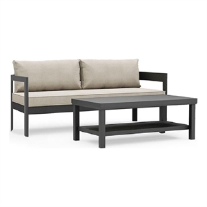Benjara Lea Patio Sofa and Coffee Table Set- Open Storage Shelf- Black Aluminium