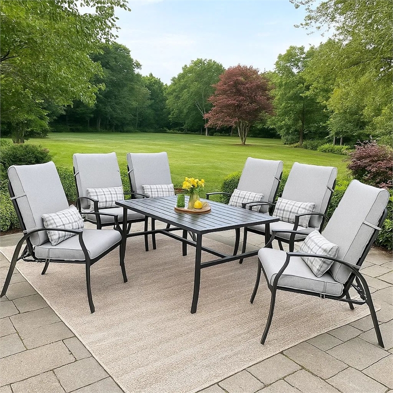 Benjara Leki Reclining Armchair Set of 6- Tie Back Cushions- 1 Pillow- Gray