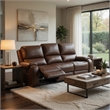Benjara Teli Reclining Sofa w Drop Down Table & Cup Holders- Brown Faux Leather