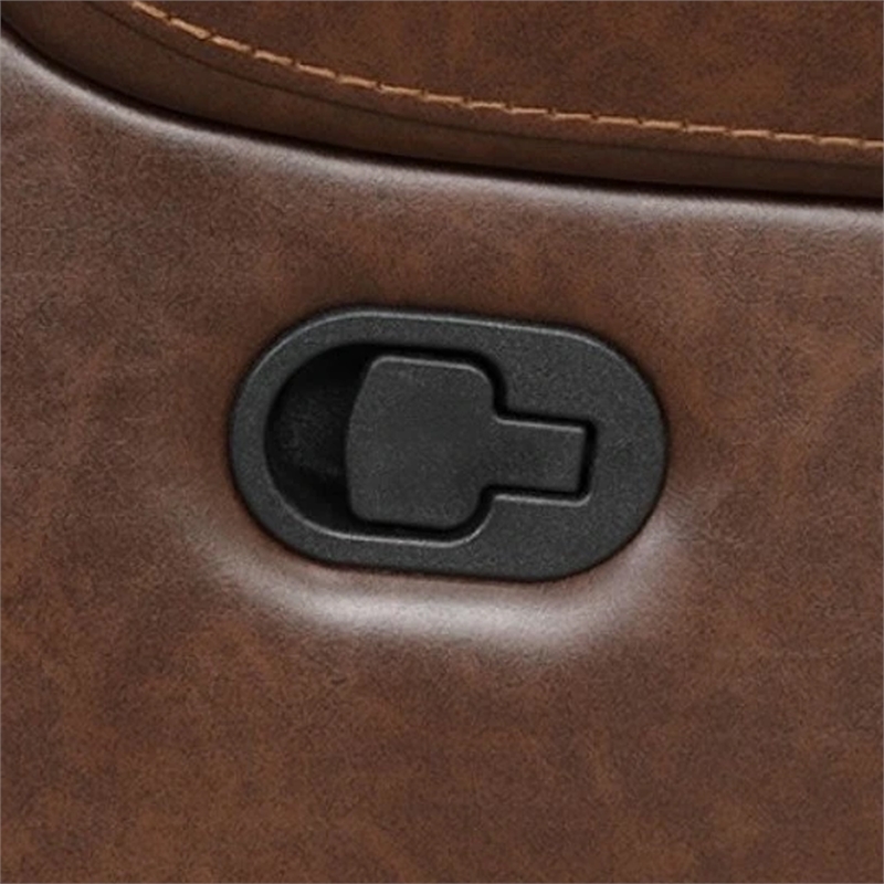 Benjara Teli Reclining Sofa w Drop Down Table & Cup Holders- Brown Faux Leather