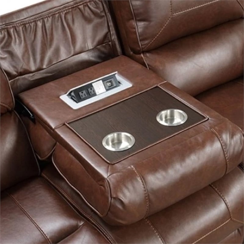 Benjara Teli Reclining Sofa w Drop Down Table & Cup Holders- Brown Faux Leather