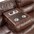 Benjara Teli Reclining Sofa w Drop Down Table & Cup Holders- Brown Faux Leather