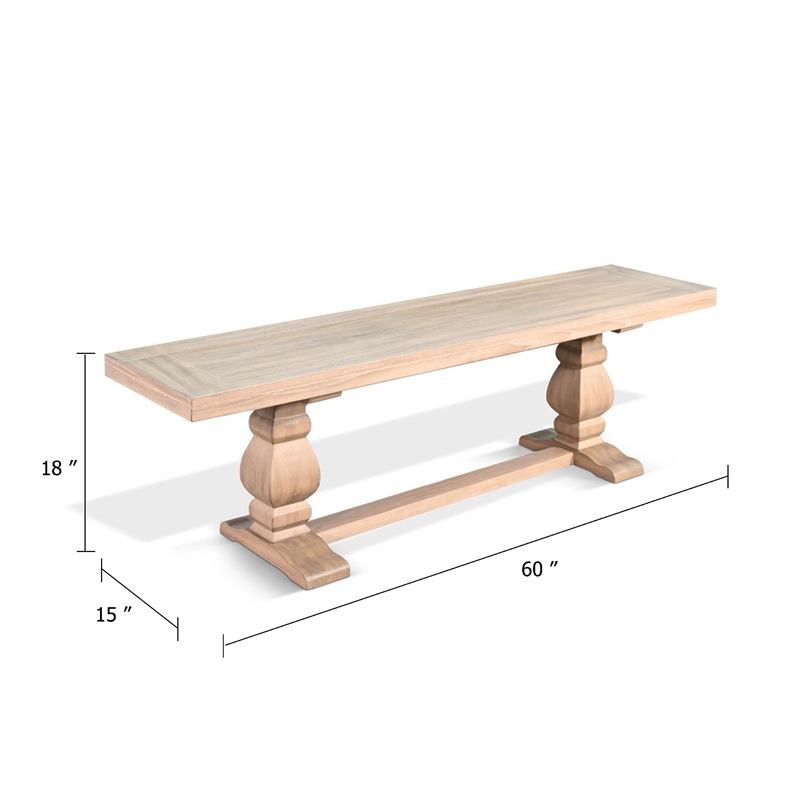 Benjara Anna Dining Bench- 60 Inch- Double Pedestal- Wheat Brown Solid Wood