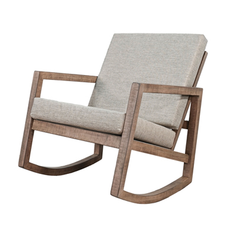 Benjara Diry Rocking Chair- Soft Gray Seat and Back- Natural Brown Mahogany Wood