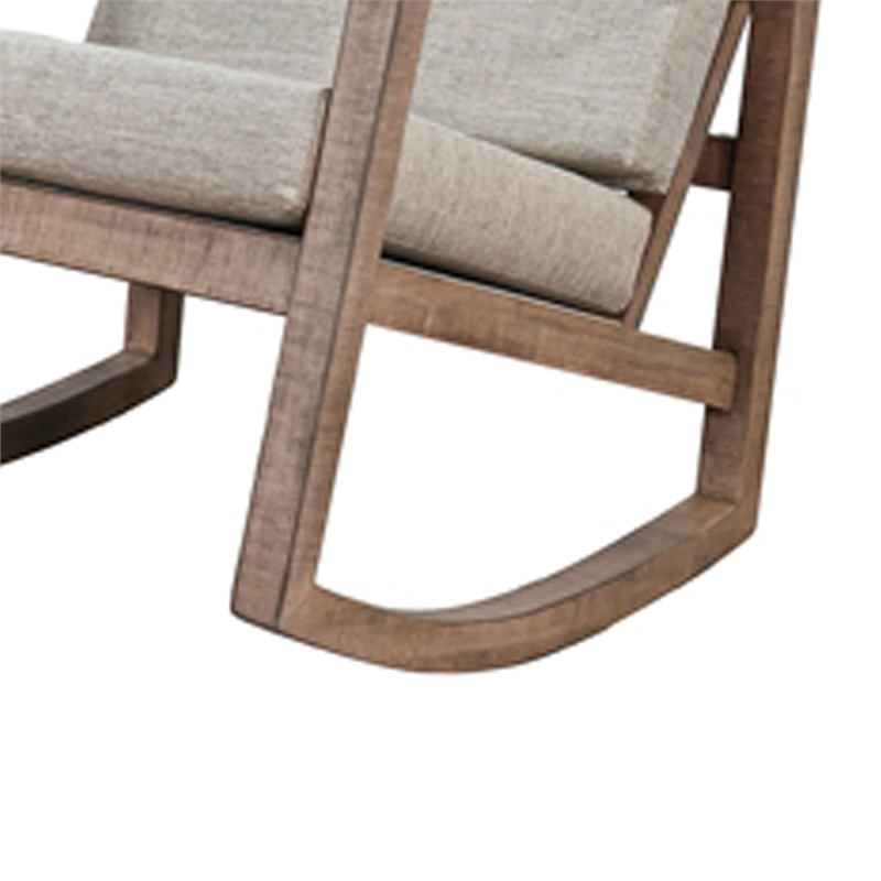 Benjara Diry Rocking Chair- Soft Gray Seat and Back- Natural Brown Mahogany Wood