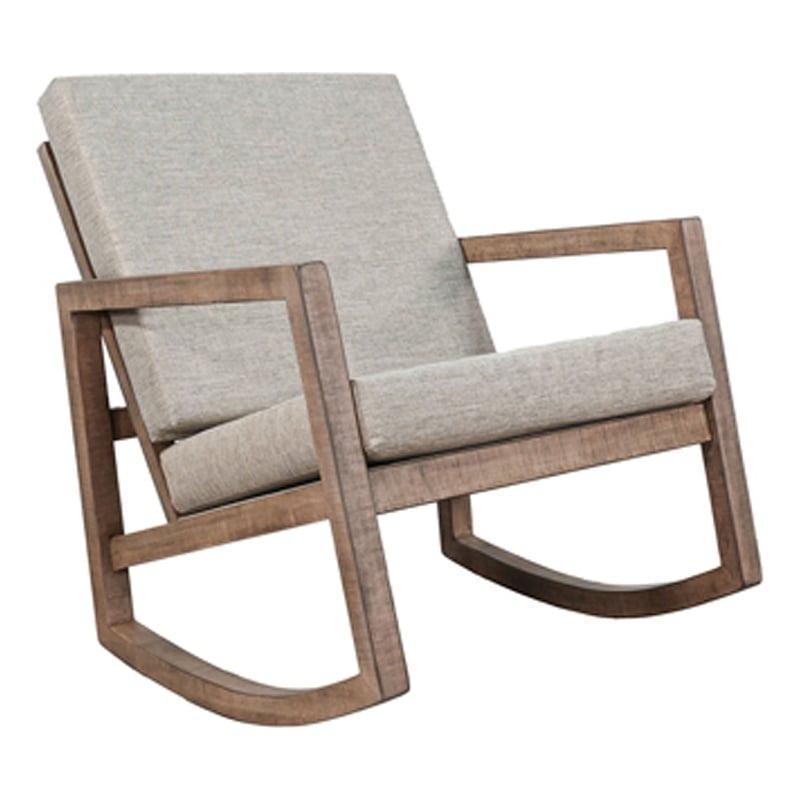 Benjara Diry Rocking Chair- Soft Gray Seat and Back- Natural Brown Mahogany Wood