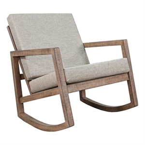 Benjara Diry Rocking Chair- Soft Gray Seat and Back- Natural Brown Mahogany Wood