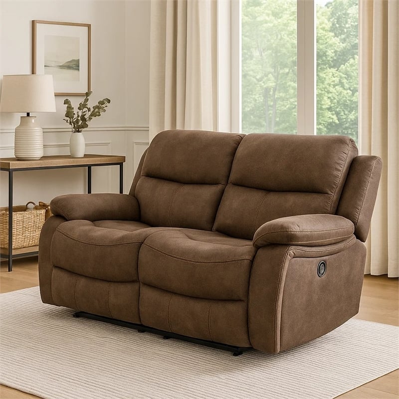 Benjara Heny Manual Reclining Loveseat- Brown Fabric Seating- 68