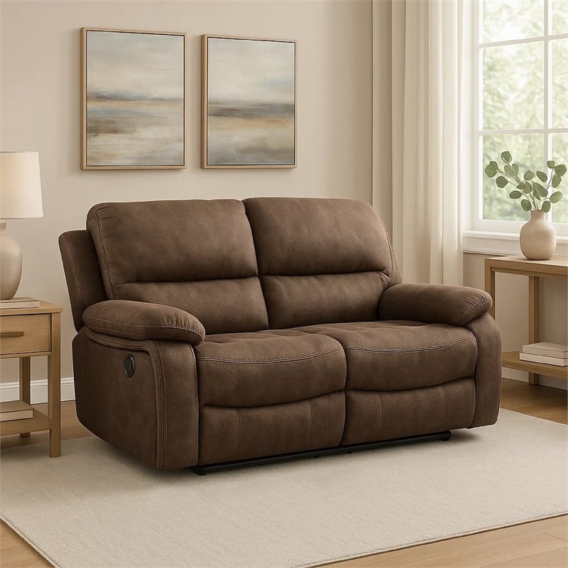 Benjara Heny Manual Reclining Loveseat- Brown Fabric Seating- 68