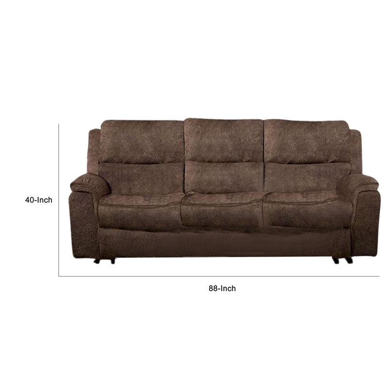 Benjara Heny Manual Reclining Sofa- Brown Fabric Seating- 88 Inch- No Sag