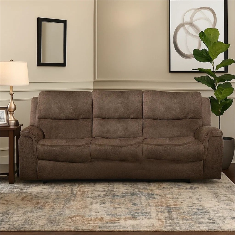 Benjara Heny Manual Reclining Sofa- Brown Fabric Seating- 88 Inch- No Sag
