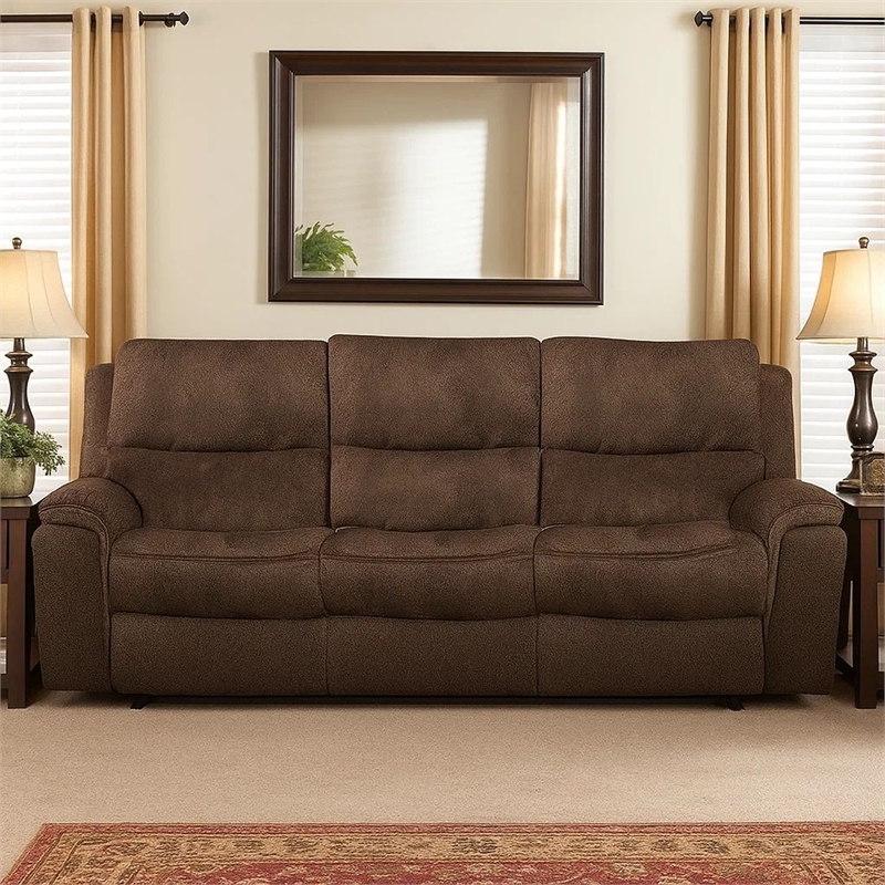 Benjara Heny Manual Reclining Sofa- Brown Fabric Seating- 88 Inch- No Sag