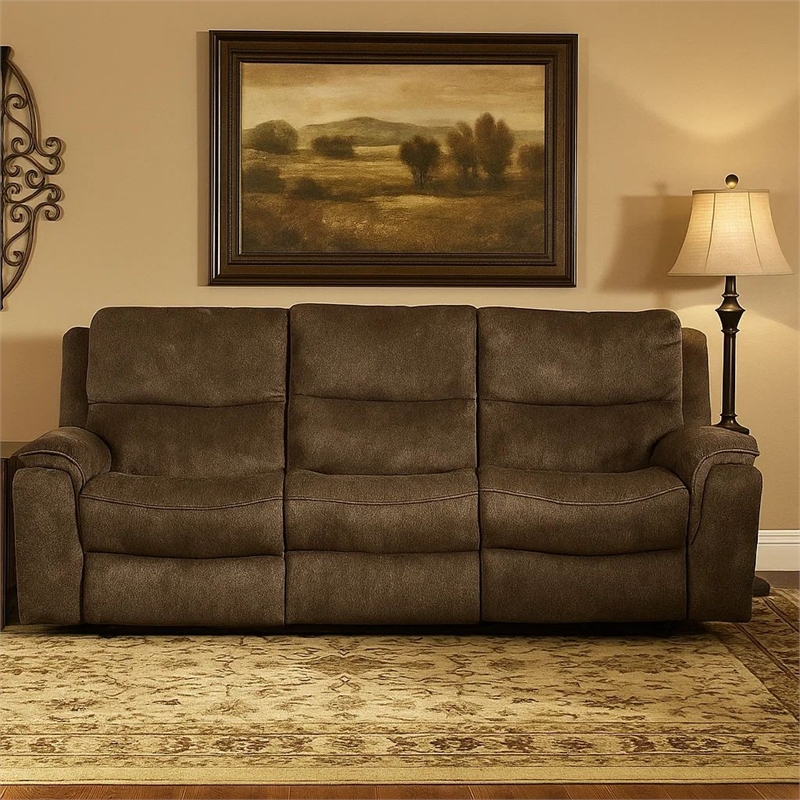 Benjara Heny Manual Reclining Sofa- Brown Fabric Seating- 88 Inch- No Sag