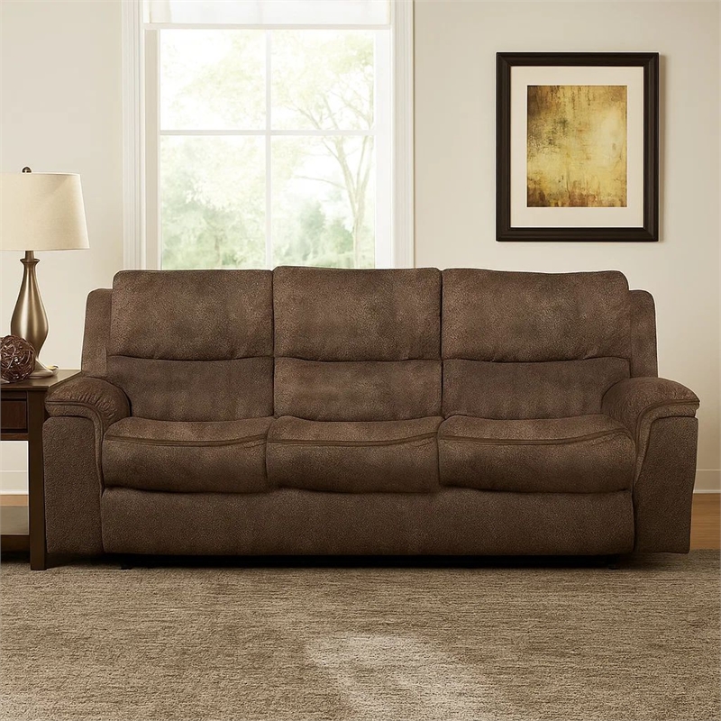Benjara Heny Manual Reclining Sofa- Brown Fabric Seating- 88 Inch- No Sag