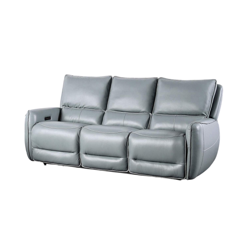 Benjara Pono Power Reclining Sofa-Pale Blue Top Grain Leather-85