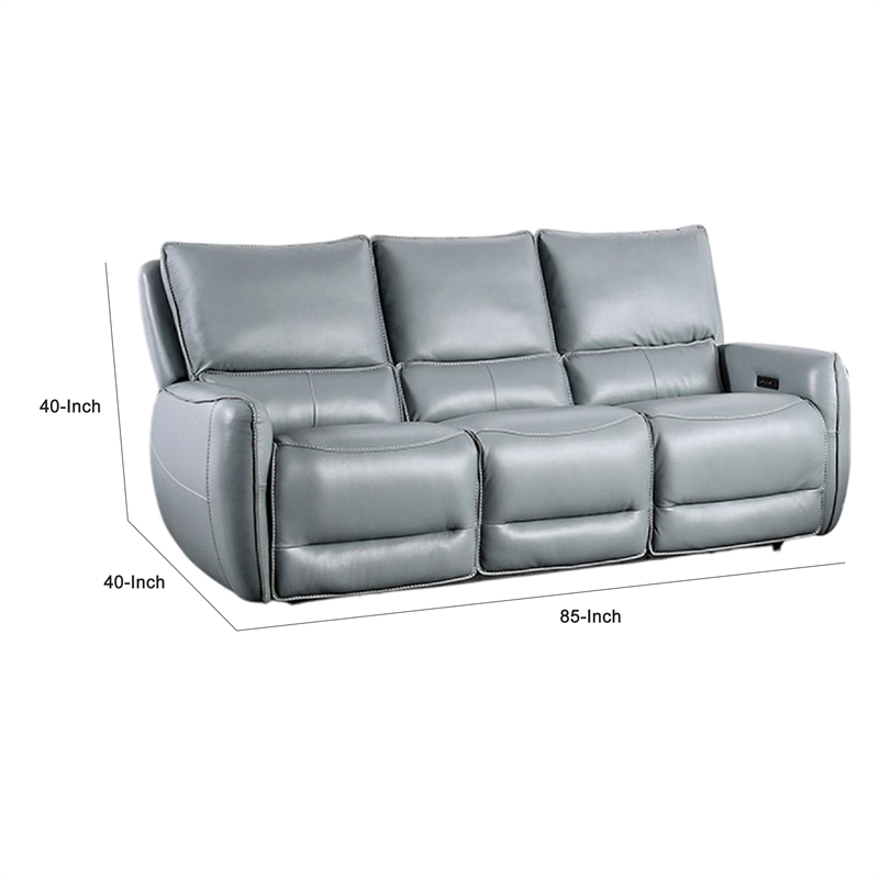 Benjara Pono Power Reclining Sofa-Pale Blue Top Grain Leather-85