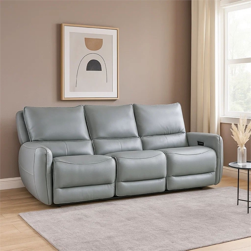 Benjara Pono Power Reclining Sofa-Pale Blue Top Grain Leather-85