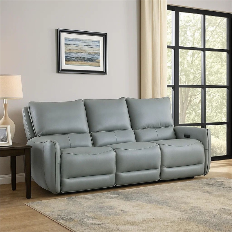 Benjara Pono Power Reclining Sofa-Pale Blue Top Grain Leather-85