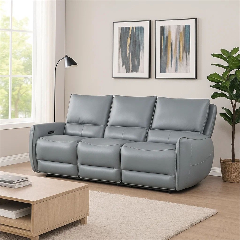 Benjara Pono Power Reclining Sofa-Pale Blue Top Grain Leather-85