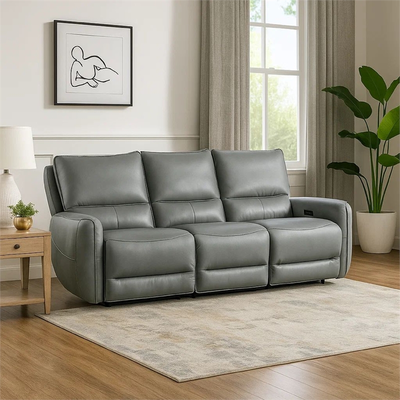 Benjara Pono Power Reclining Sofa-Pale Blue Top Grain Leather-85