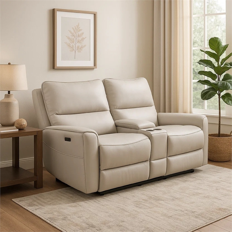 Benjara Pono Power Recliner Loveseat- Beige Top Grain Leather Zero Gravity