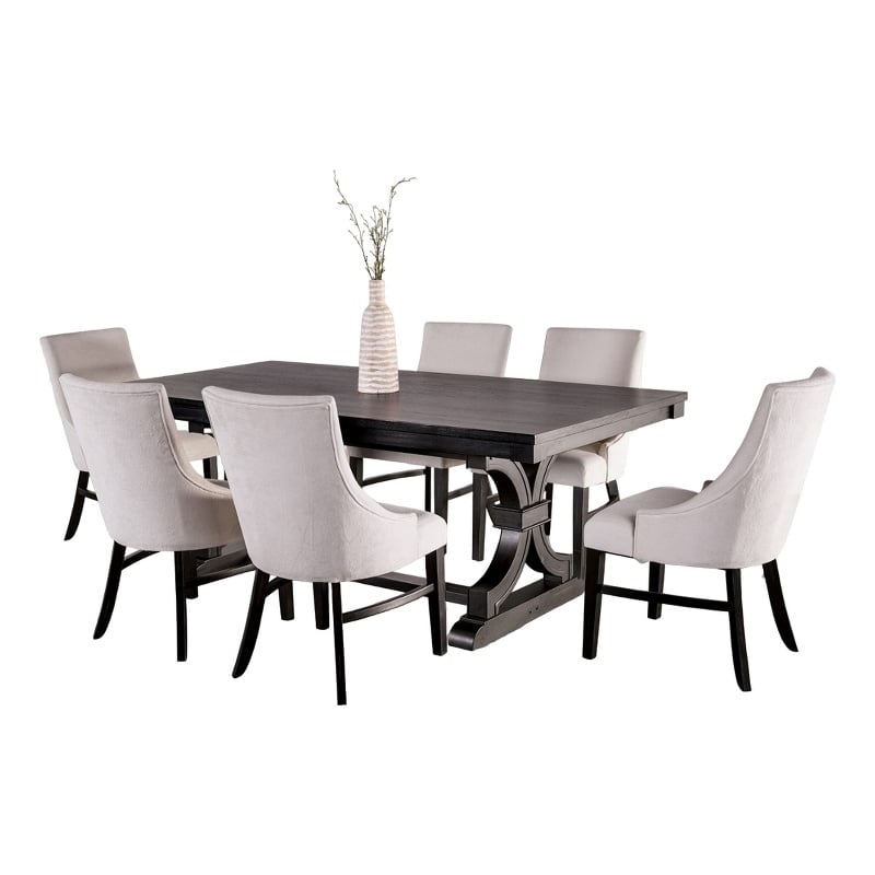 Benjara Luke 7pc Dining Table Set w/ 6 Wingback Chairs-Rectangular-Black-Beige