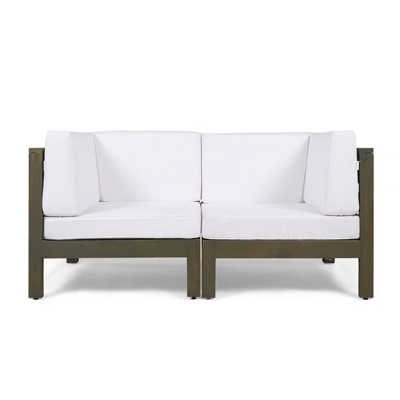 Benjara Ony Outdoor Loveseat- Detachable Acacia Wood Chairs- White Cushions