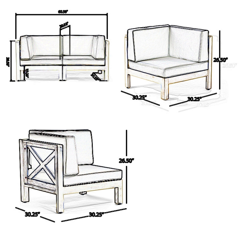 Benjara Ony Outdoor Loveseat- Detachable Acacia Wood Chairs- White Cushions