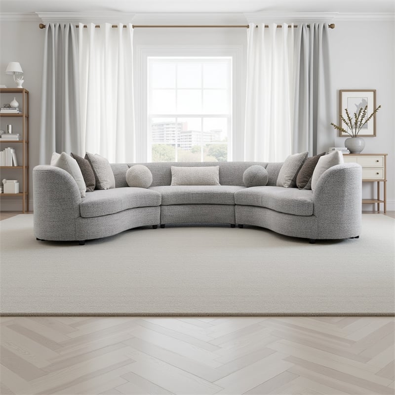 Benjara Kei 3pc Sectional Sofa- 9 Pillows- Curved Frame- Gray Boucle Fabric