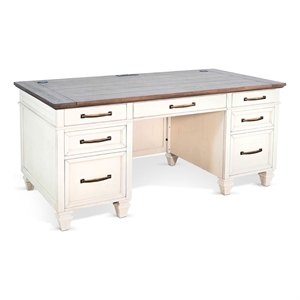 Benjara Wiz Office Desk- 66&quot Brown Wood Top- 7 Drawers- White Mahogany Wood