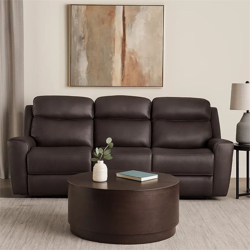 Benjara Akto Power Reclining Sofa- Gray Faux Leather- Drop Table Cup Holders