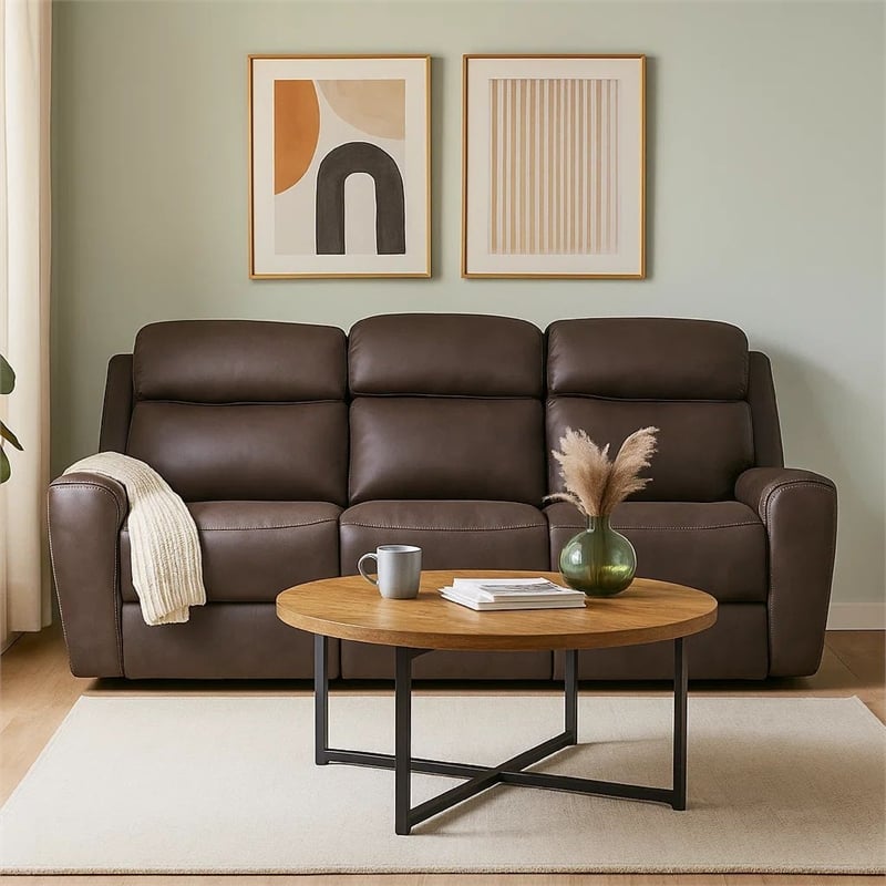 Benjara Akto Power Reclining Sofa- Gray Faux Leather- Drop Table Cup Holders